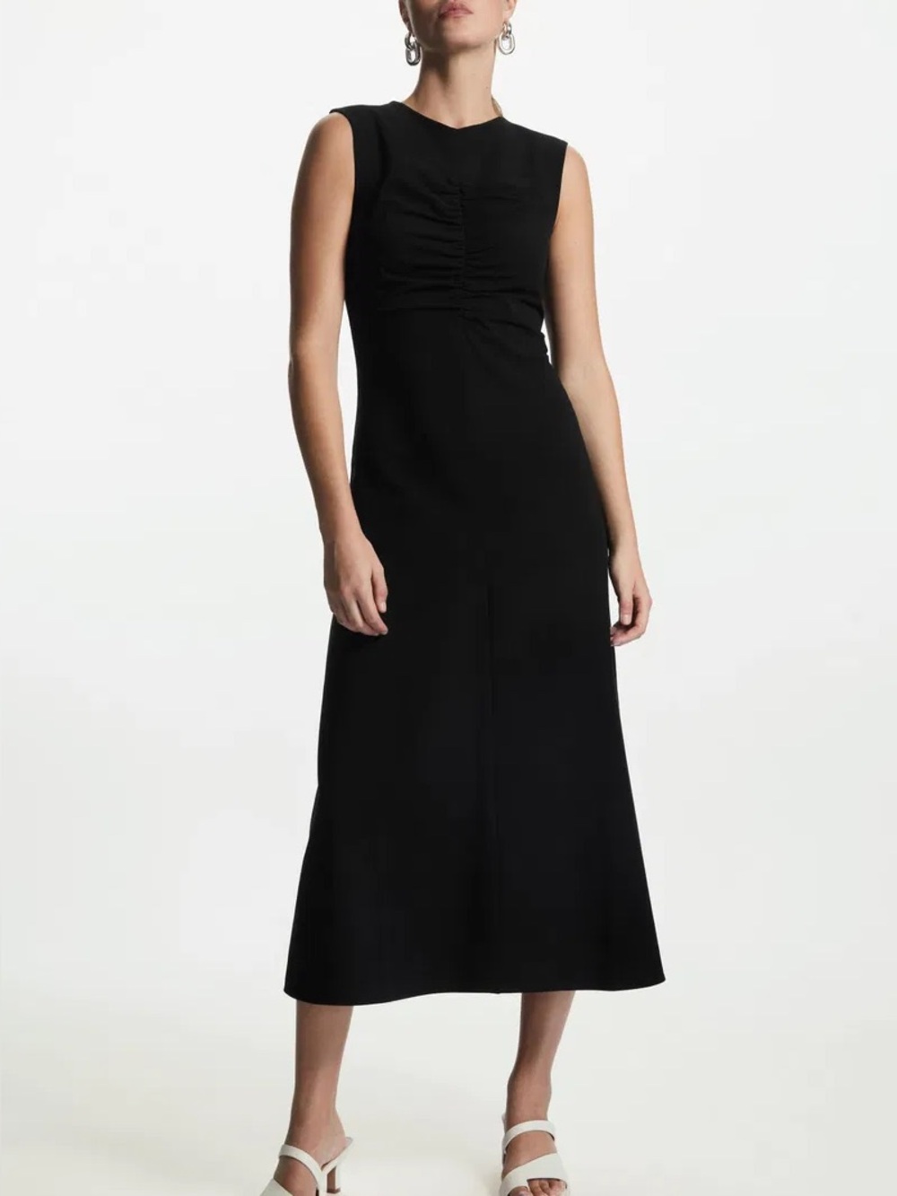 COS Black Sleeveless Midi Dress with Front Shirring Detail